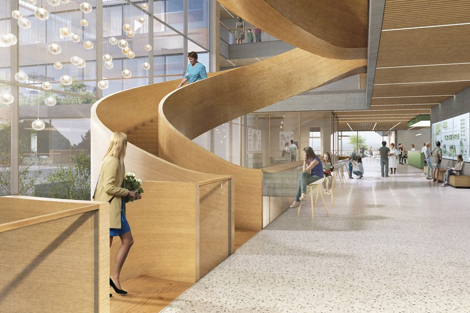 Visualisierung eines lichtdurchfluteten Treppenhauses mit einer gebogenen Wendeltreppe aus Holz, großzügiger Verglasung und offenen Aufenthaltszonen, die Transparenz und räumliche Qualität betonen.
