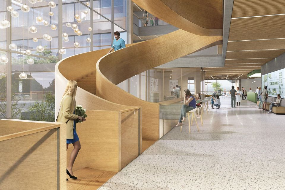 Visualisierung eines lichtdurchfluteten Treppenhauses mit einer gebogenen Wendeltreppe aus Holz, großzügiger Verglasung und offenen Aufenthaltszonen, die Transparenz und räumliche Qualität betonen.
