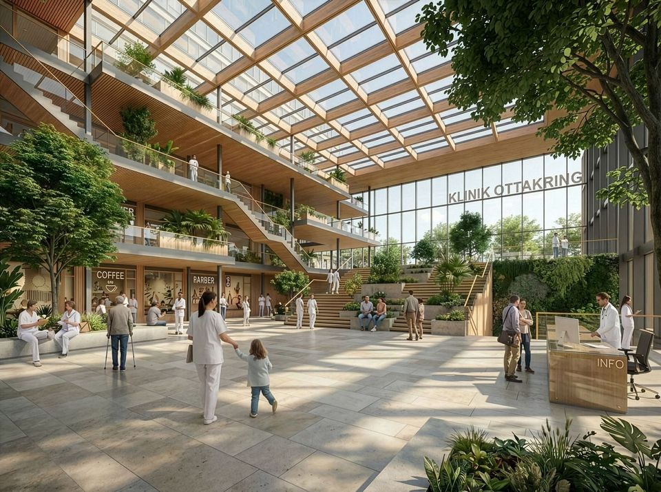Innenvisualisierung eines großzügigen Klinikfoyers mit mehrgeschossigen Galerien, transparentem Dachtragwerk, Sitz- und Aufenthaltsbereichen sowie integrierter Begrünung.