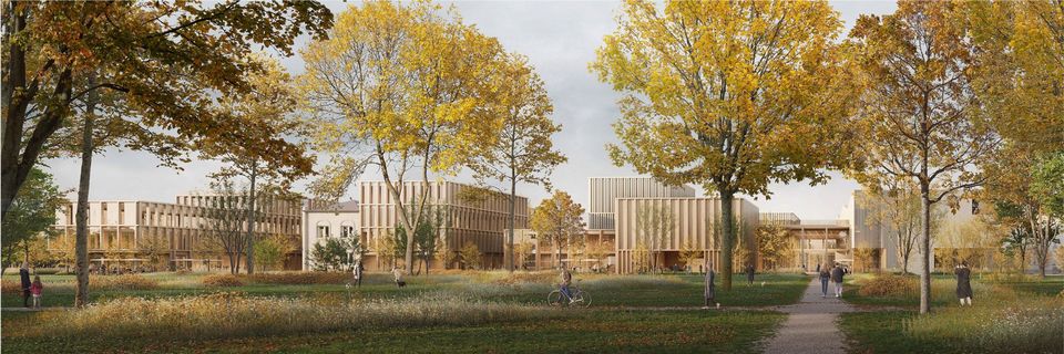 Blick aus dem Landschaftsraum auf ein Ensemble aus Bildungs- und Kulturgebäuden mit vertikalen Fassadenlamellen und offenen Zugängen zum Campus.