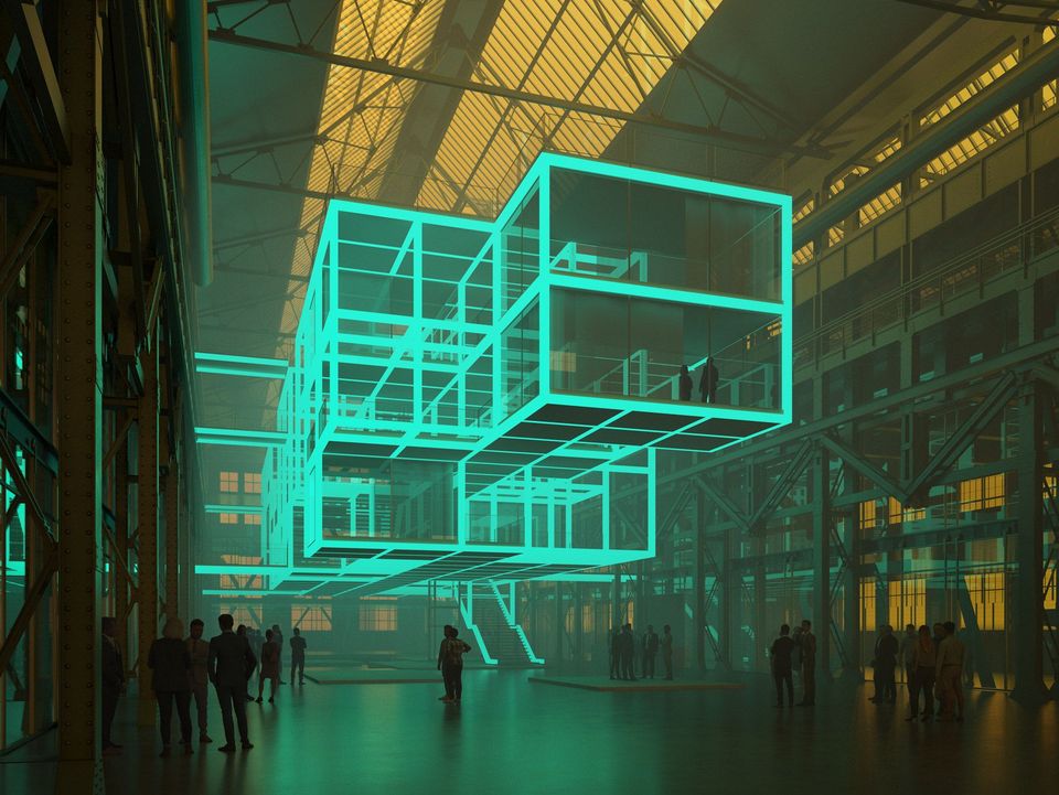 Innenvisualisierung eines Hallenraums mit schwebender, leuchtend markierter Modulstruktur, industriellem Tragwerk und offenem Veranstaltungsbereich.