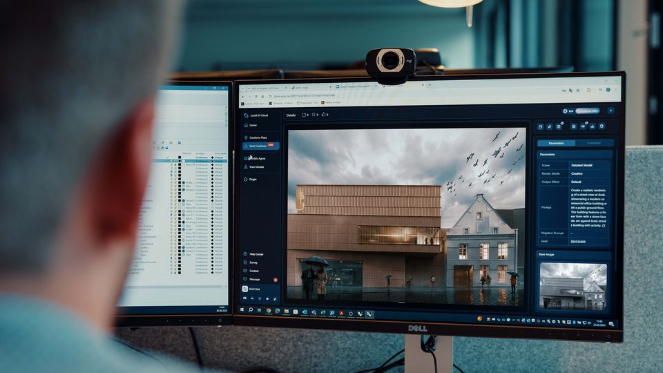 Innenaufnahme eines Arbeitsplatzes mit zwei Monitoren, auf denen eine architektonische Visualisierung einer Holzfassade und Gebäudemodelle in einer Entwurfssoftware dargestellt sind.