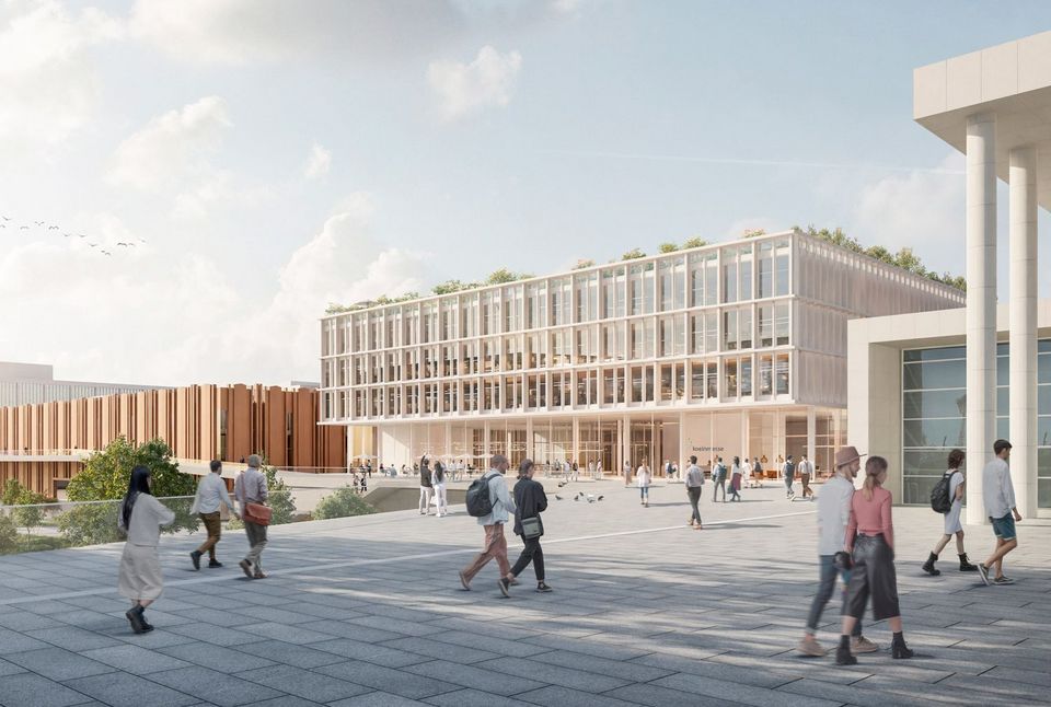 Rendering eines Messe- und Konferenzgebäudes, das sich mit einer transparenten Erdgeschosszone, rhythmisch gegliederten Fassaden und einem weitläufigen Platzraum präsentiert, der Besucherströme klar leitet und Aufenthaltsqualität bietet.