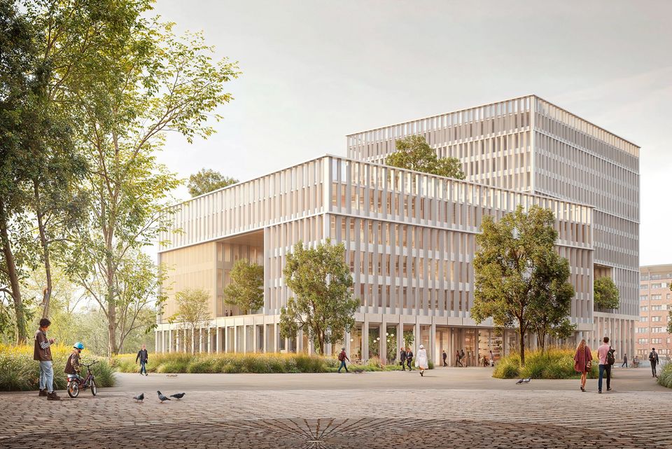 Visualisierte Außenaufnahme eines gestaffelten Büroensembles mit begrünten Terrassenebenen und offenen Arkadenzonen an der Erdgeschossfassade.