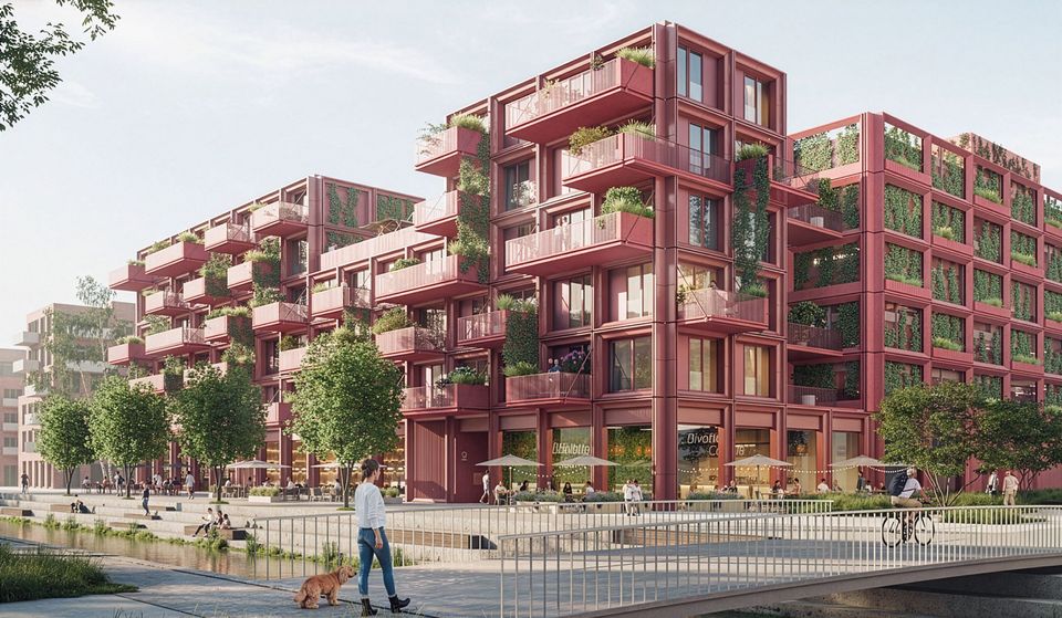 Außenvisualisierung eines modular gegliederten Wohn- und Geschäftsgebäudes mit begrünten Fassaden, großzügigen Balkonen und öffentlich zugänglichen Erdgeschossbereichen am Wasser.