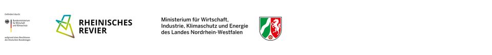 Logodarstellung der Förderinstitutionen des Projekts, einschließlich Bundesministerium, Rheinisches Revier und Landesministerium NRW.