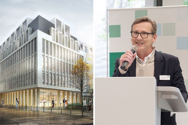 Links: Visualisierung der PSD Bank Köln, rechts: HPP Senior Partner Remigiusz Otrzonsek spricht bei der Eröffnung der PSD Bank