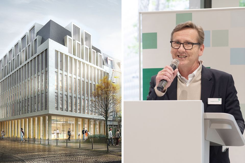 Links: Visualisierung der PSD Bank Köln, rechts: HPP Senior Partner Remigiusz Otrzonsek spricht bei der Eröffnung der PSD Bank