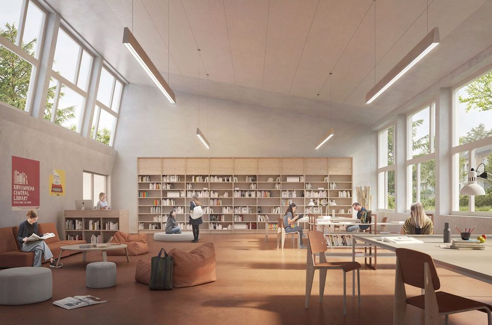 Innenvisualisierung eines großzügigen Bibliotheksraums mit hoher Decke, großformatigen Fensteröffnungen, Regalwand und flexibel möblierten Arbeits- und Aufenthaltsbereichen.