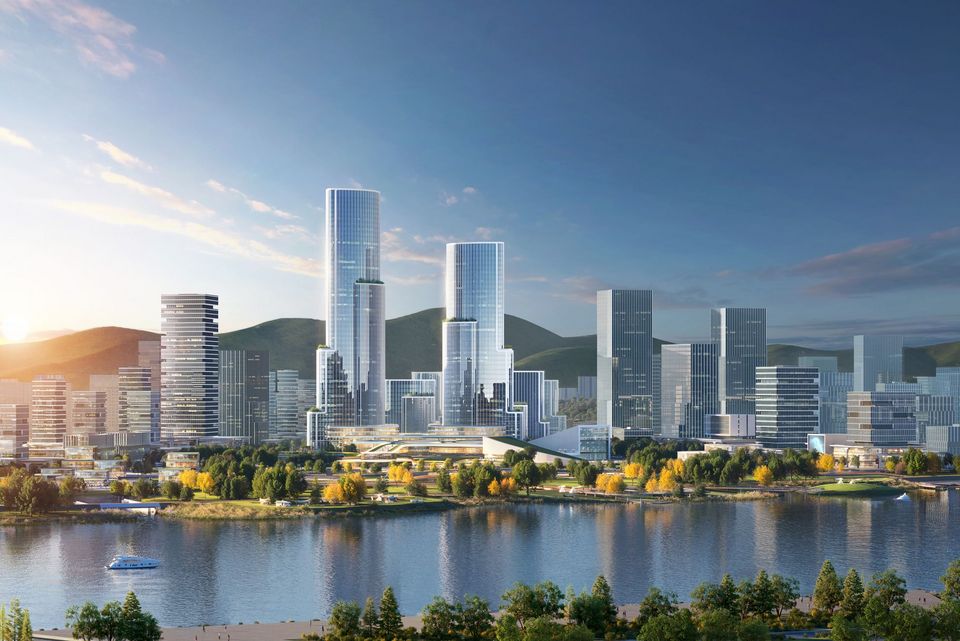 Visualisierung eines Hochhausquartiers mit terrassierten Sockelbereichen, vertikalen Fassadenlinien und erhöhter Promenade.