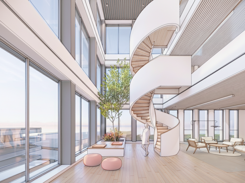 Innenvisualisierung eines mehrgeschossigen Atriums mit großformatigen Verglasungen, einer skulpturalen Wendeltreppe, begrünten Aufenthaltsbereichen und offenem Loungebereich.