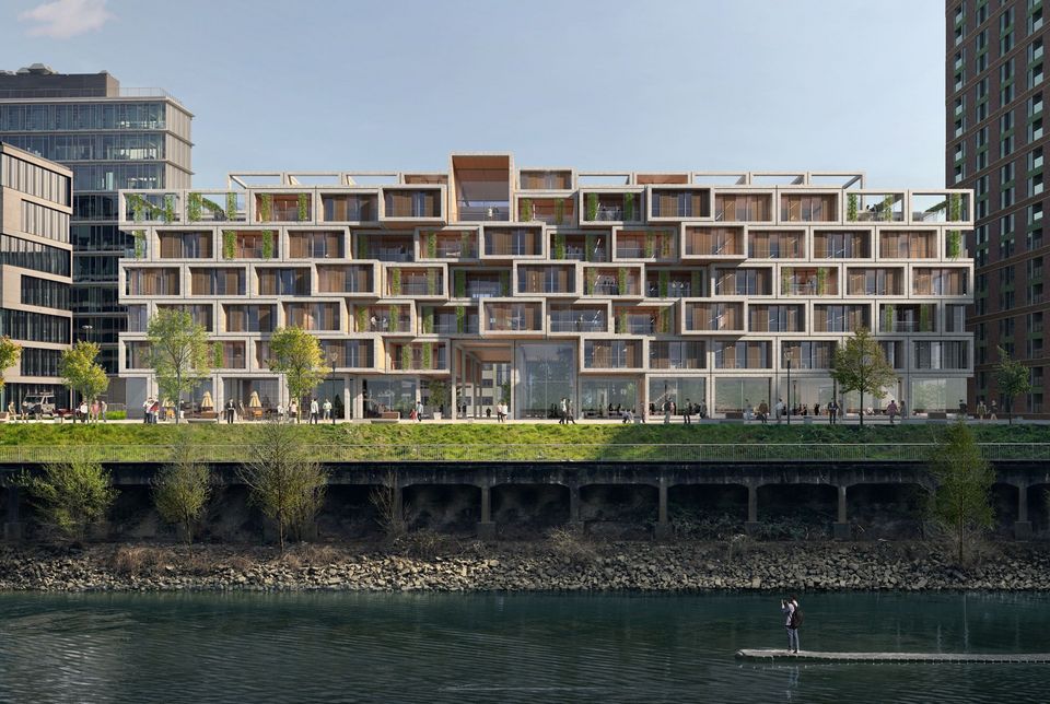 Außenansicht eines terrassierten Wohn- und Bürogebäudes am Wasser mit gestaffelten Raummodulen, begrünten Dachflächen und klar strukturierter Fassadengliederung.