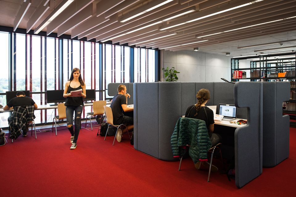 Innenaufnahme eines Lernbereichs mit Arbeitsplätzen, Akustikpanel‑Abtrennungen und bodentiefer Verglasung.