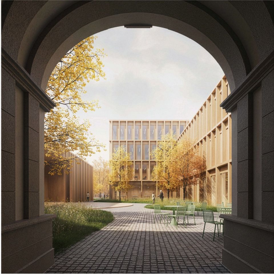 Blick durch einen Arkadengang auf einen begrünten Campusinnenhof mit Sitzbereichen, Baumstrukturen und einem mehrgeschossigen Institutsgebäude im Hintergrund.