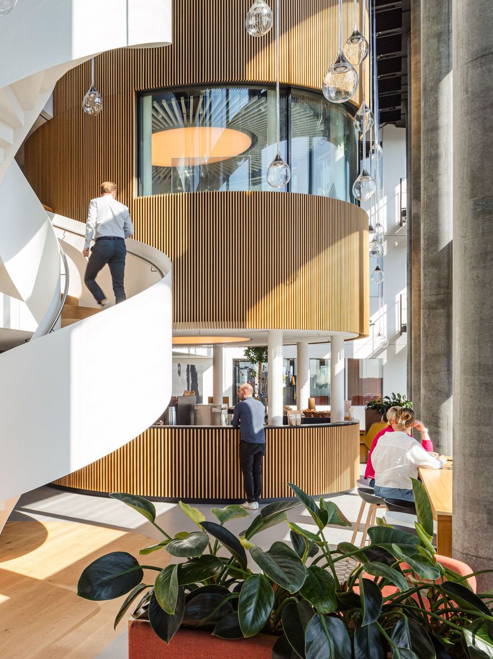 Atrium mit geschwungener weißen Treppe und runden Holzlamellen-Elementen, moderne Lichtinstallationen und offene Cafézone