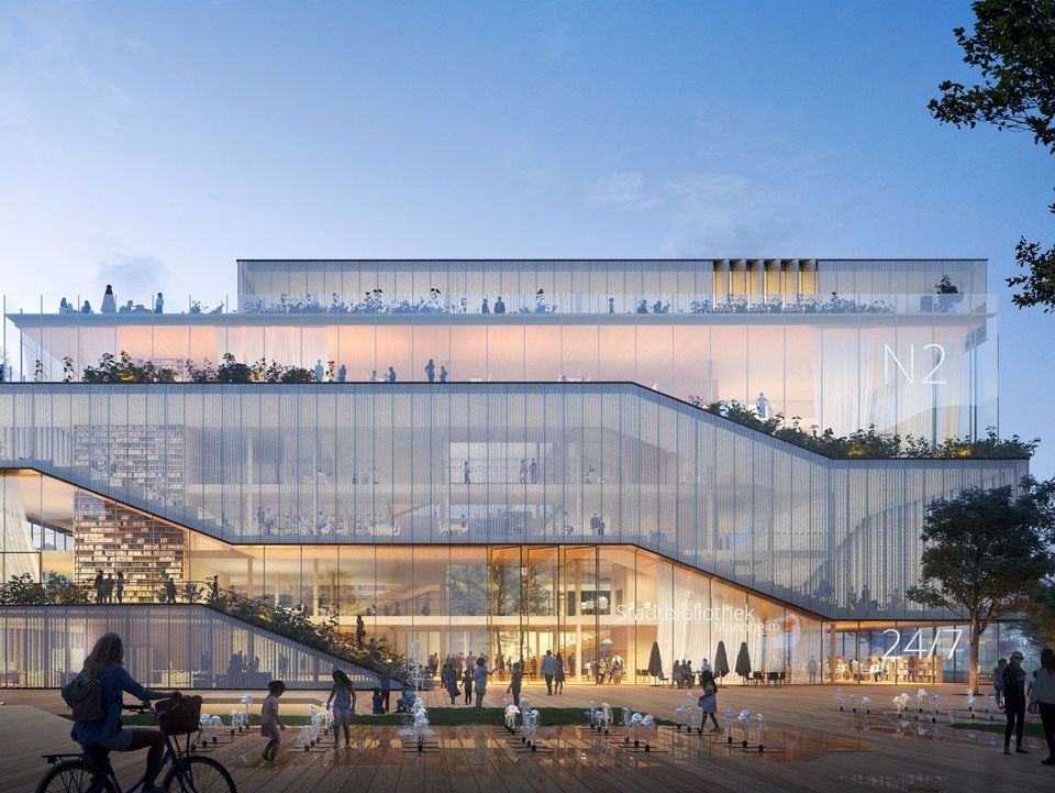 Außenvisualisierung eines terrassierten Bibliotheksgebäudes mit mehrgeschossigen Glasfassaden, offenen Aufenthaltsbereichen und öffentlichem Vorplatz.