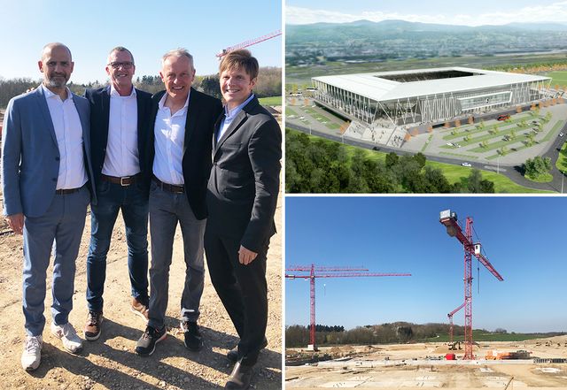 Links v.l.n.r.: Antonino Vultaggio und Thomas Hengst (beide HPP), Christian Streich (Trainer SC Freiburg), Gerhard G. Feldmeyer (HPP), oben rechts: Visualisierung Stadion SC Freiburg, unten rechts: Baustellenbild