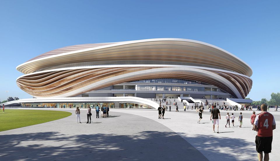 Außenvisualisierung einer Arena mit organischer Dachform und weit geöffnetem Eingangsbereich.