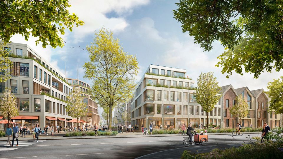 Panoramaperspektive eines Wohnquartiers mit gemischt genutzten Gebäuden, begrünten Dachbereichen, Stadthäusern und breitem Straßenraum.