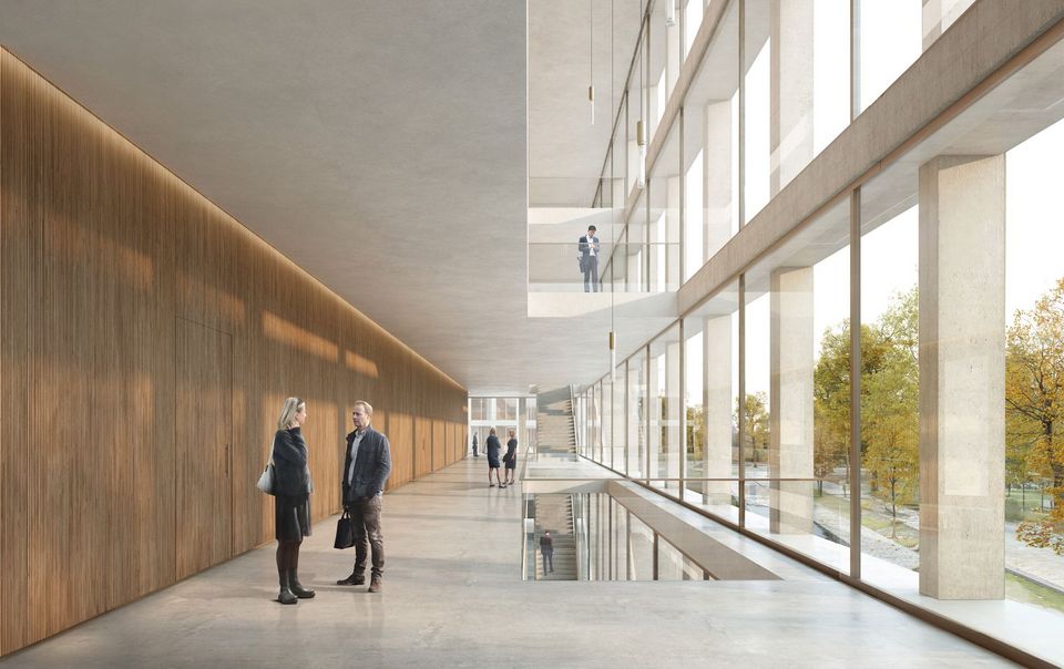 Visualisierte Innenansicht eines großzügigen Foyers mit Holzverkleidung links und bodentiefen Glasfronten recht, sowie einer minimalistischer Treppenanlage