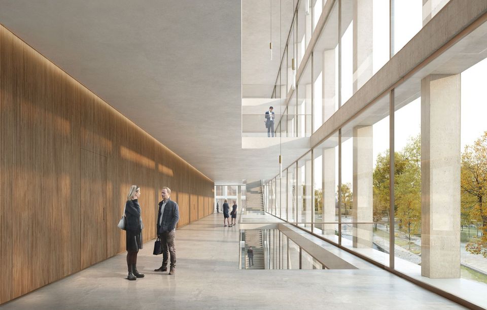 Visualisierte Innenansicht eines großzügigen Foyers mit Holzverkleidung links und bodentiefen Glasfronten recht, sowie einer minimalistischer Treppenanlage