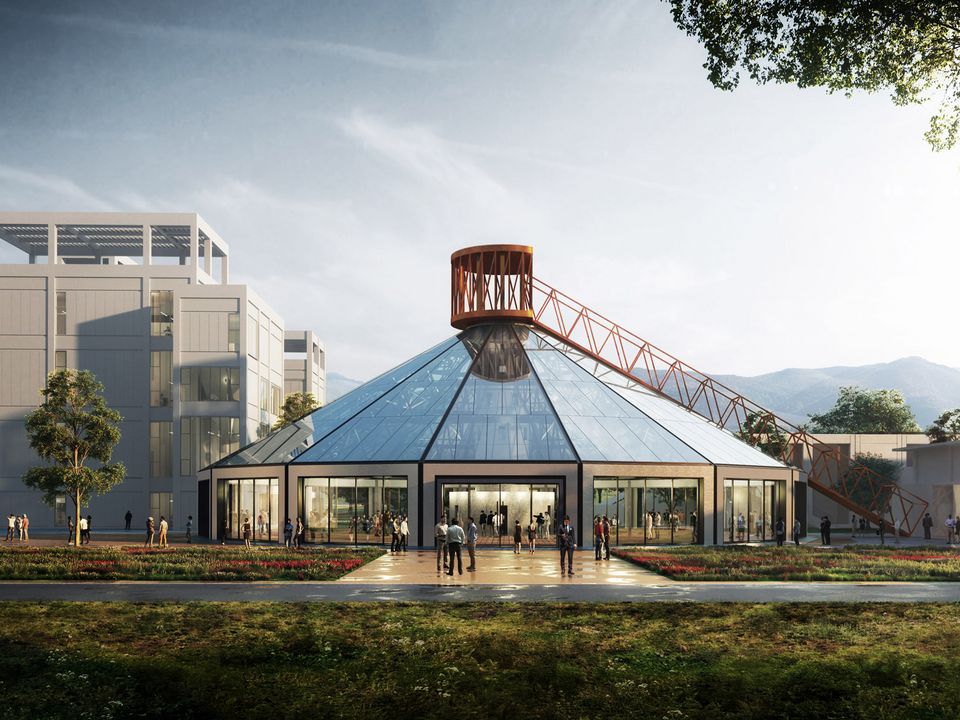 Visualised view of a converted industrial hall with a glass pyramid roof and central tower, modern use in a historical context