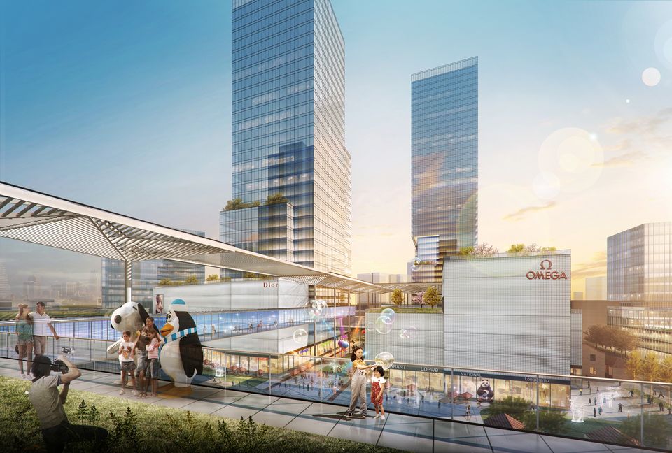 Außenvisualisierung einer erhöhten Terrasse mit Blick auf ein urbanes Hochhausensemble, glasüberdachte Einzelhandelsbereiche und öffentliche Wegebeziehungen.