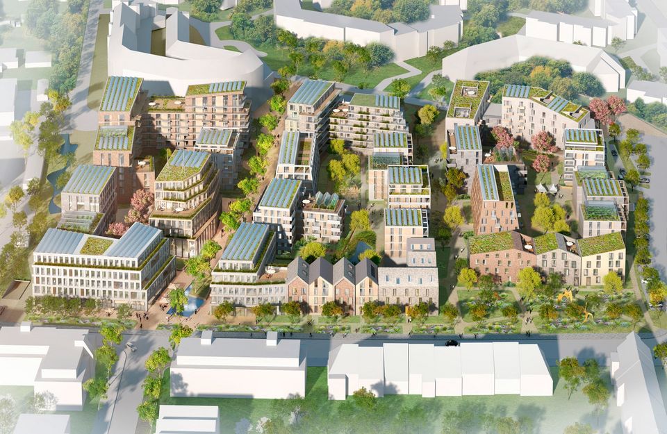 Luftvisualisierung eines urbanen Wohnquartiers mit differenzierten Baukörpern, begrünten Dachflächen, öffentlichen Wegen und eingebetteter Grünstruktur.