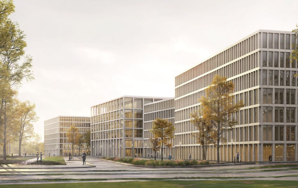 Visualisierte Ansicht eines Büroensembles mit klarer Rasterfassade, rechteckigen Baukörpern und begrünten Außenflächen in parkähnlicher Umgebung