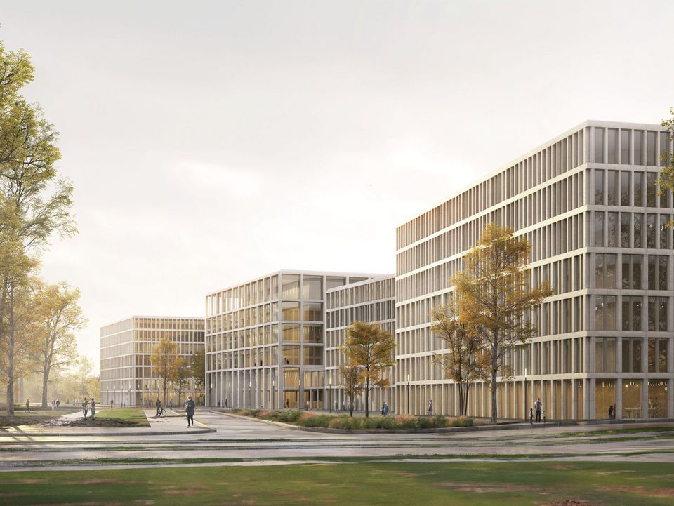 Visualisierte Ansicht eines Büroensembles mit klarer Rasterfassade, rechteckigen Baukörpern und begrünten Außenflächen in parkähnlicher Umgebung