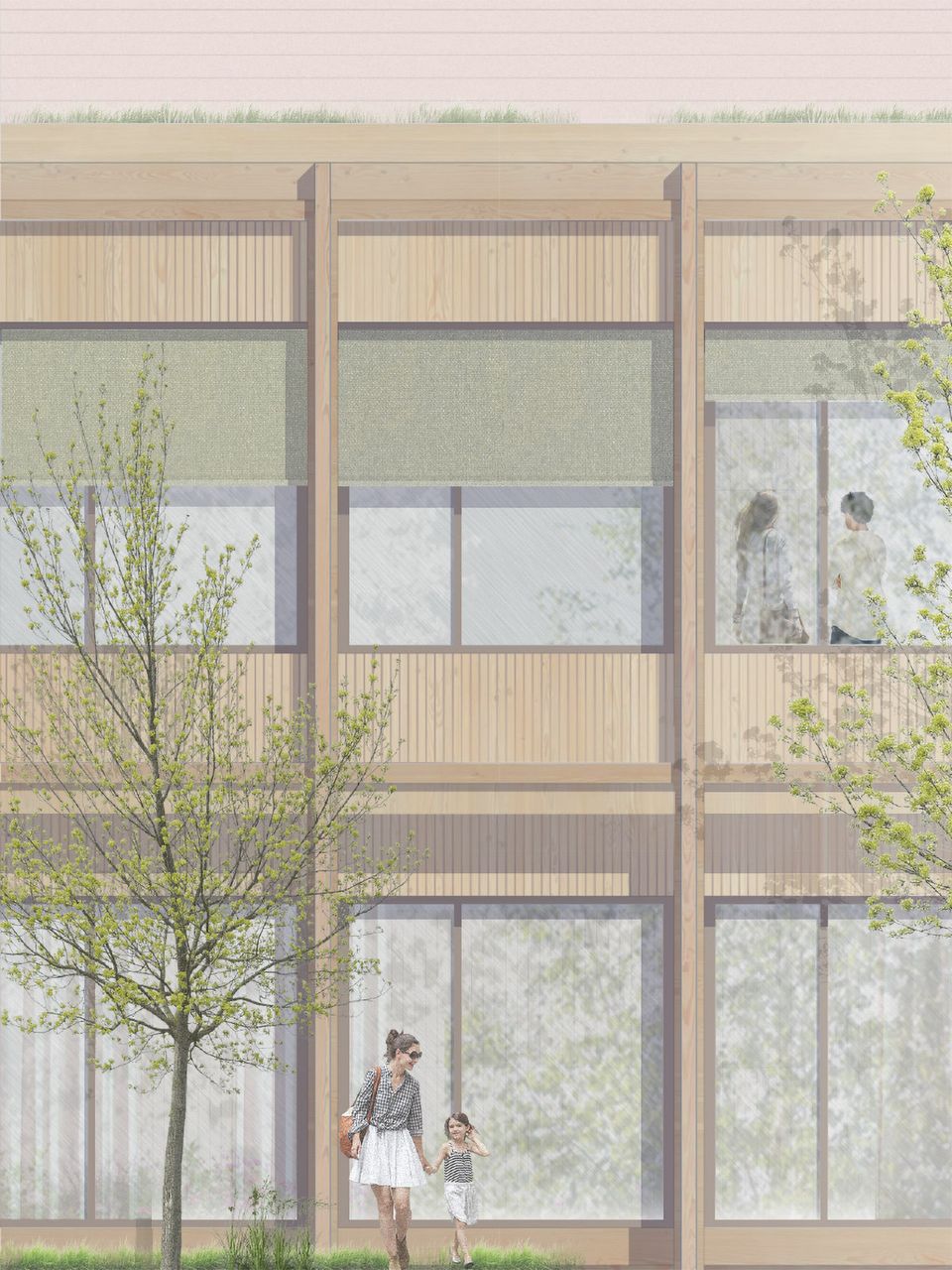 Fassadenvisualisierung eines zweigeschossigen Holzbaus mit vertikaler Lamellenstruktur, großflächigen Fenstern und vorgelagerten Grünbereichen.