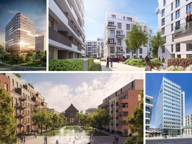 Selection of current projects in Düsseldorf (from left to right): Eclipse for die developer Projektentwicklung GmbH (top) I PANDION ALBERTUSSEE for PANDION AG (top) | maxfrei for INTERBODEN Group in joint venture with HAMBURG TEAM Projektentwicklung (bottom) I Conversion of the former Commerzbank high-rise for KONDUS ERSTE Immobilienbesitz GmbH & Co KG; represented by Hines Immobilien GmbH (bottom)