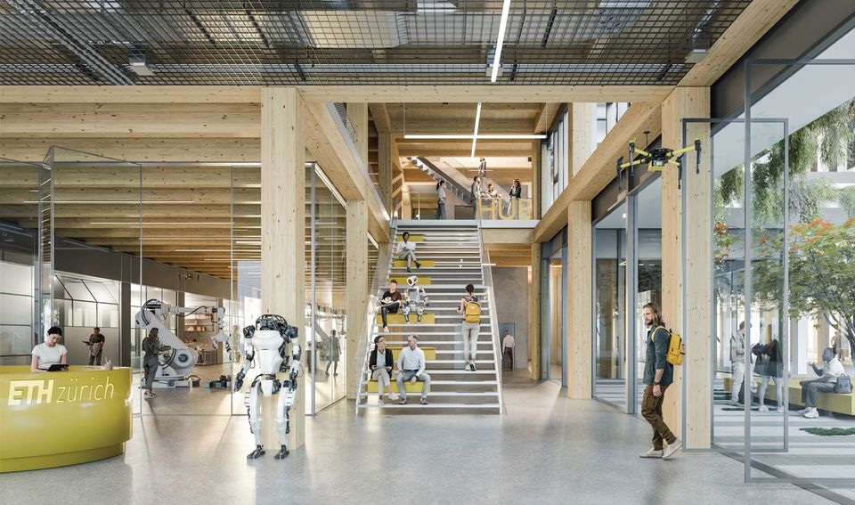 Visualisierung eines großzügigen Atriums mit Sitzstufen, Holzstützen, verglasten Arbeitsbereichen und integrierter Robotikzone als Teil einer offenen Innovations- und Lernumgebung.