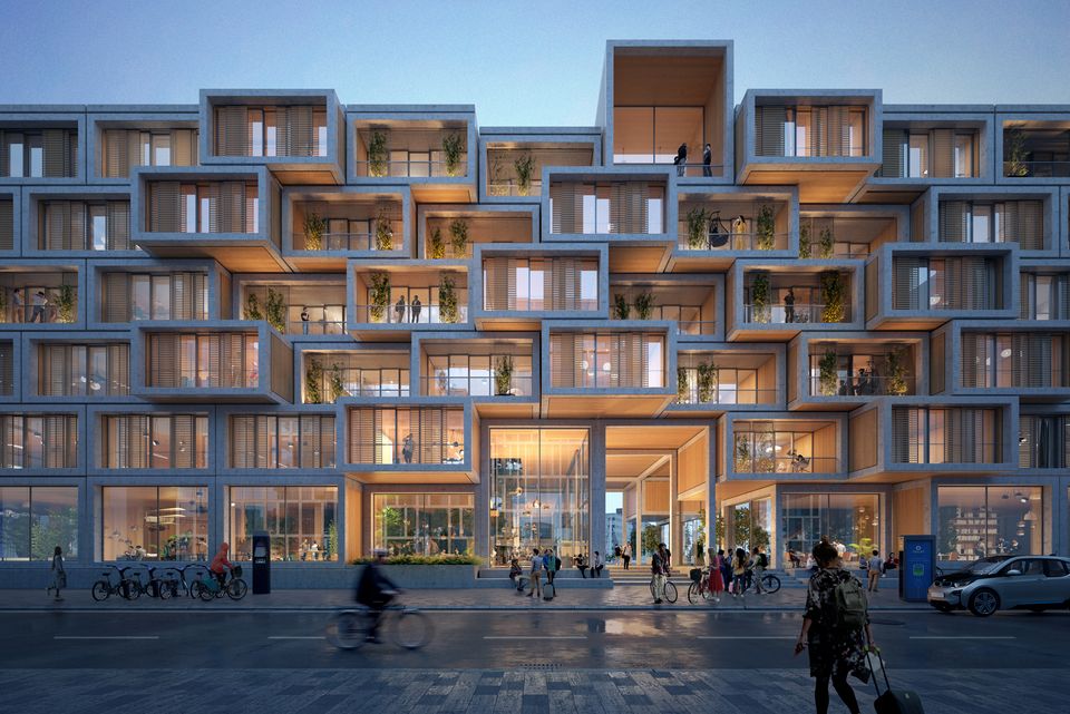 Außenvisualisierung eines modular gegliederten Wohn- und Bürogebäudes mit auskragenden Raummodulen, tiefen Loggien, großflächigen Verglasungen und belebtem Stadtraum im Vordergrund.
