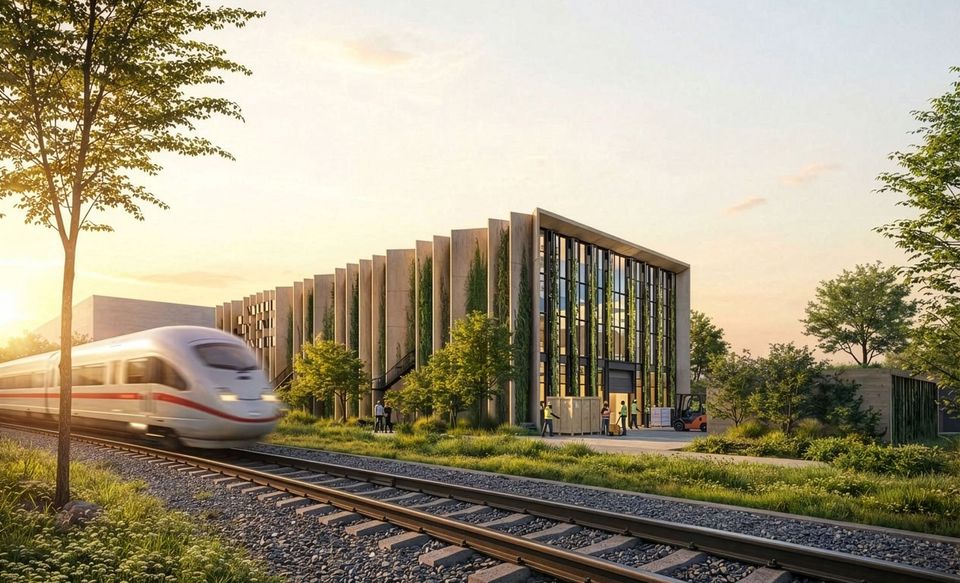 Außenvisualisierung der Modellfabrik entlang der Bahntrasse mit verglasten Fassaden, vertikalen Betonlamellen und begrüntem Umfeld.
