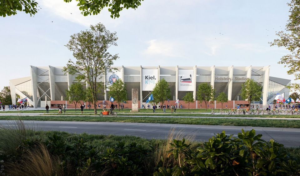 Seitenansicht des modernisierten Stadions mit rhythmischer Stützenstruktur, breitem Vorbereich und Besuchenden entlang der Wegeführung.