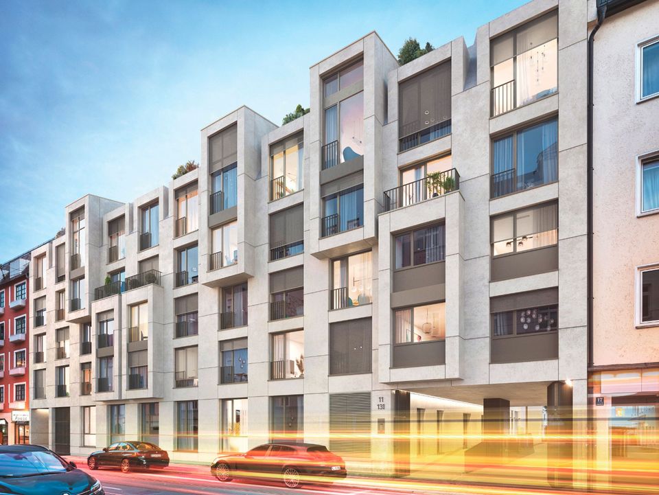 Visualisierung einer städtischen Wohnhausfassade mit vertikal rhythmisierten Fenster- und Loggienelementen, klar gegliederter Straßenansicht und lebendigem Stadtraum mit vorbeifahrendem Verkehr.