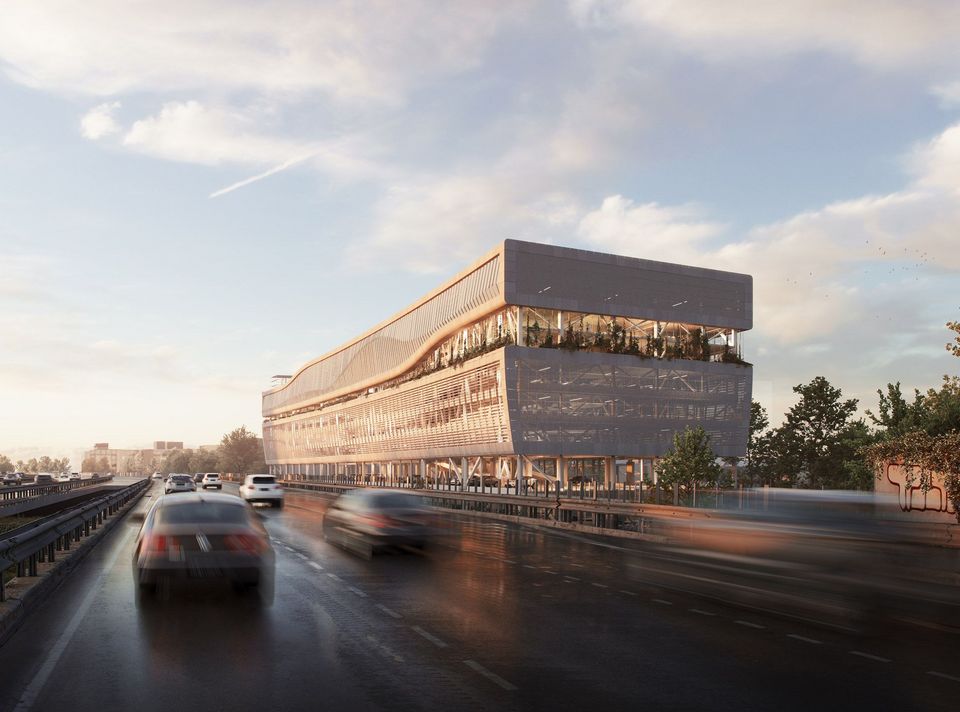 Visualisation of the exterior view of a large-scale mobility building with a continuous horizontal façade structure and upper green terraces, taken from the flowing traffic along the main road.
