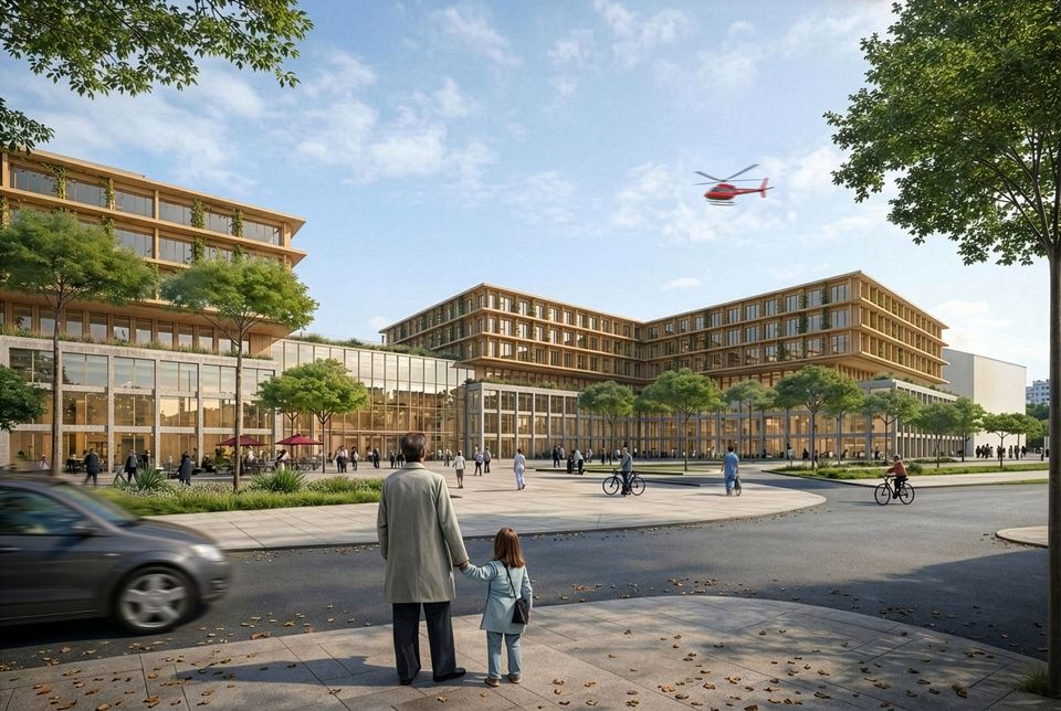 Außenvisualisierung eines modernen Klinikgebäudes mit gestaffelten Baukörpern, durchgehender Fassadengliederung und offen gestalteten Vorzonen im städtischen Umfeld.