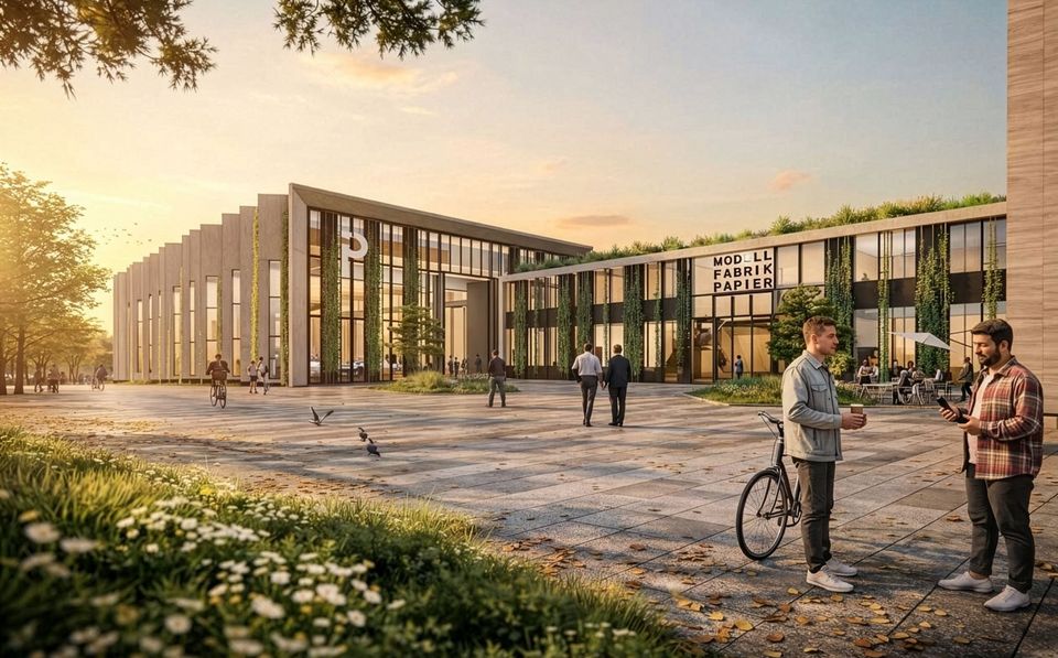 Außenvisualisierung der Modellfabrik mit großem Eingangsbereich, Gartenflächen und verglasten Fassaden zur Platzseite.