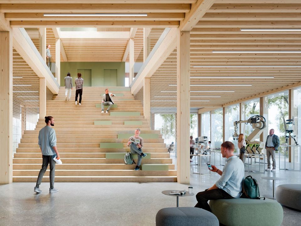 Visualisierung eines offenen Innenraums mit großem Holztragwerk, breiter Sitztreppe, raumhohen Glasflächen und flexiblen Arbeitsbereichen in einer hellen Lern- und Begegnungslandschaft.