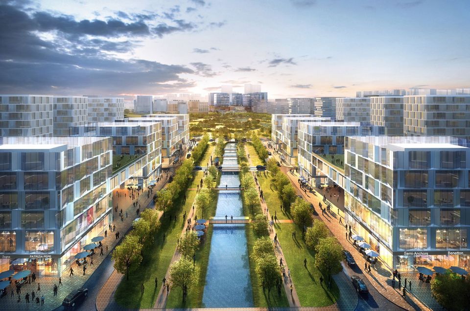 Außenvisualisierung eines urbanen Quartiers mit zentraler Wasserachse, beidseitiger Blockrandbebauung und großzügigen Grün- und Wegeflächen.