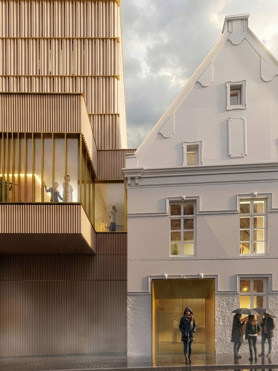 Visualisierung eines Fassadendetails, das die Begegnung zwischen einem strukturierten Neubau und einem historischen Giebelhaus zeigt, wobei lichtdurchflutete Innenräume und klare Fassadenlinien die architektonische Verbindung betonen.