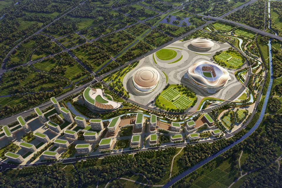 Großmaßstäbliche Luftvisualisierung eines Sportcampus mit Arenen, Landschaftszonen und umliegender Bebauung.