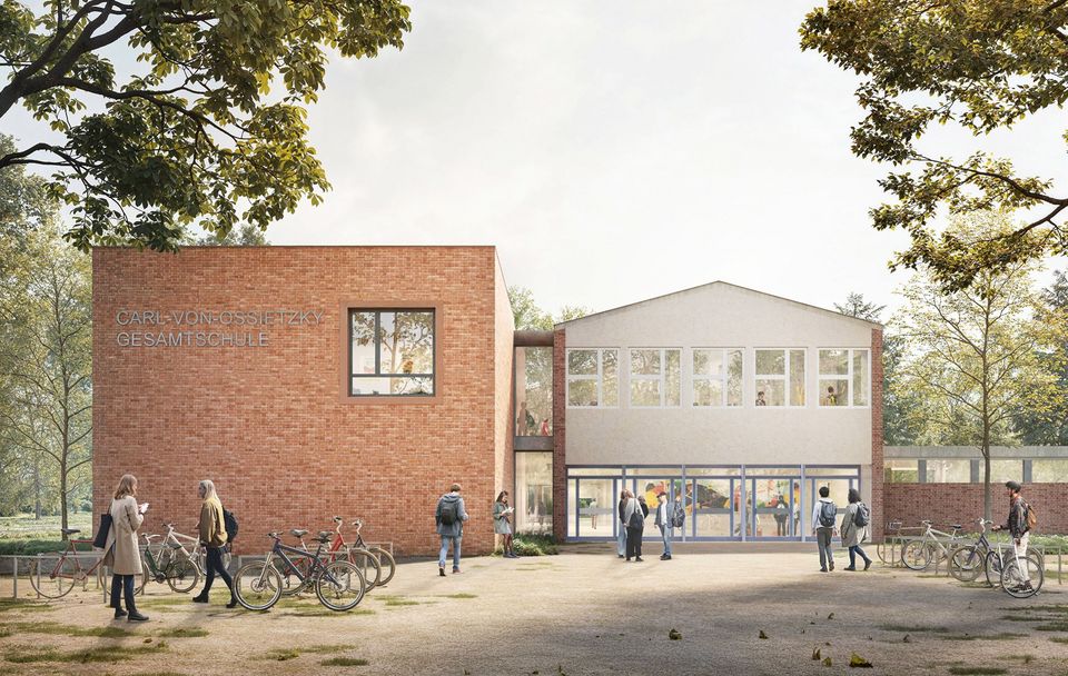 Außenvisualisierung eines Schulgebäudes mit zweigeschossigem Eingangsbereich, klarer Mauerwerks- und Putzstruktur sowie offenem Vorplatz mit Fahrradabstellbereichen.