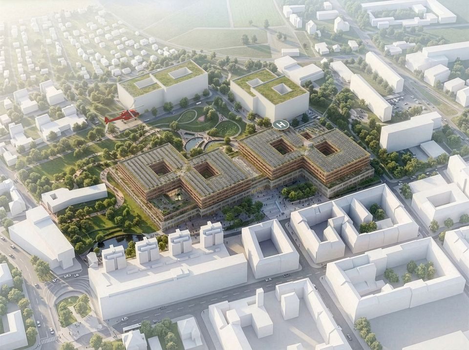 Luftvisualisierung eines Klinikareals mit zentralem Hauptgebäude, begrünten Dachlandschaften, Freiraumachsen und umliegender städtischer Bebauung.