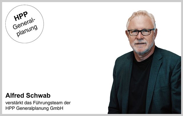 Grafische Darstellung mit Textfeld, HPP‑Generalplanung‑Logo und einer Porträtaufnahme einer Person sowie dem abgedruckten Text ‚Alfred Schwab verstärkt das Führungsteam der HPP Generalplanung GmbH‘.